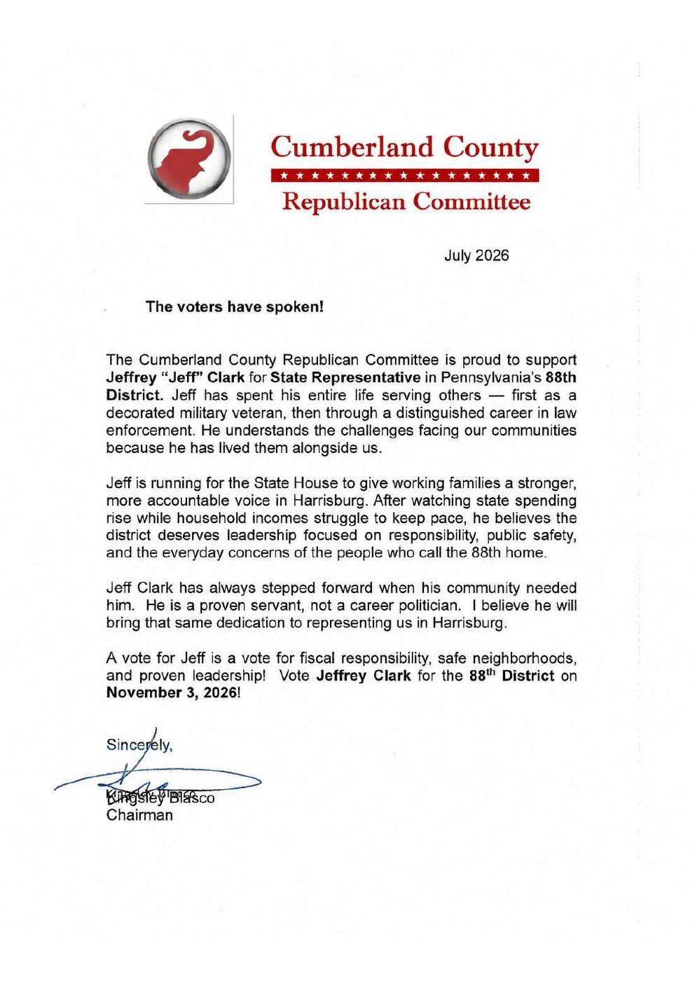 Cumberland County Republican Committee support letter for Jeff Clark