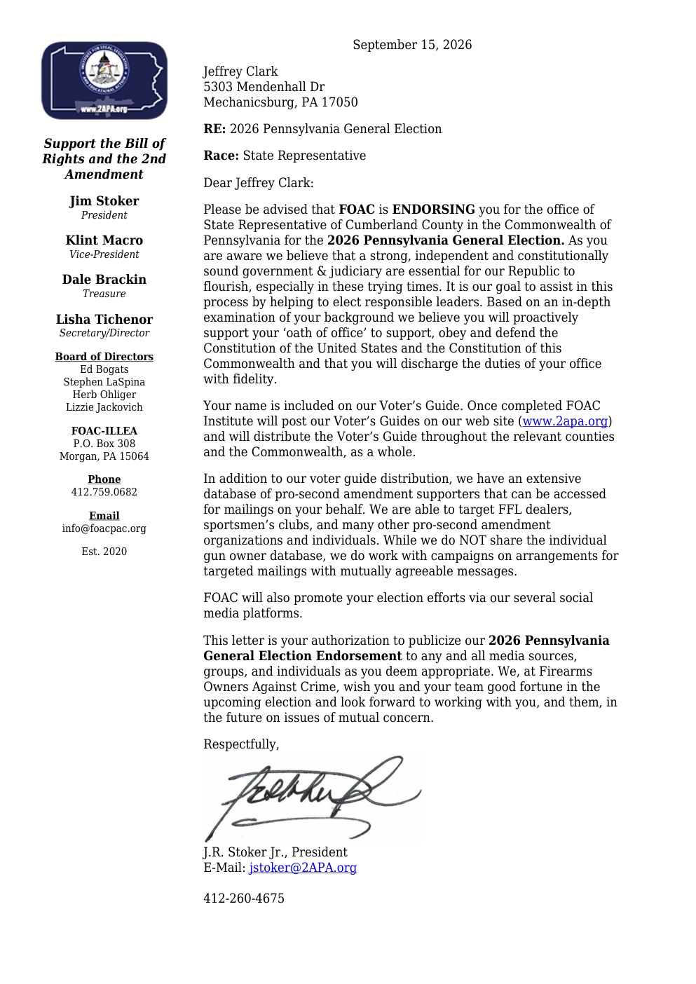 Firearms Owners Against Crime endorsement letter for Jeff Clark