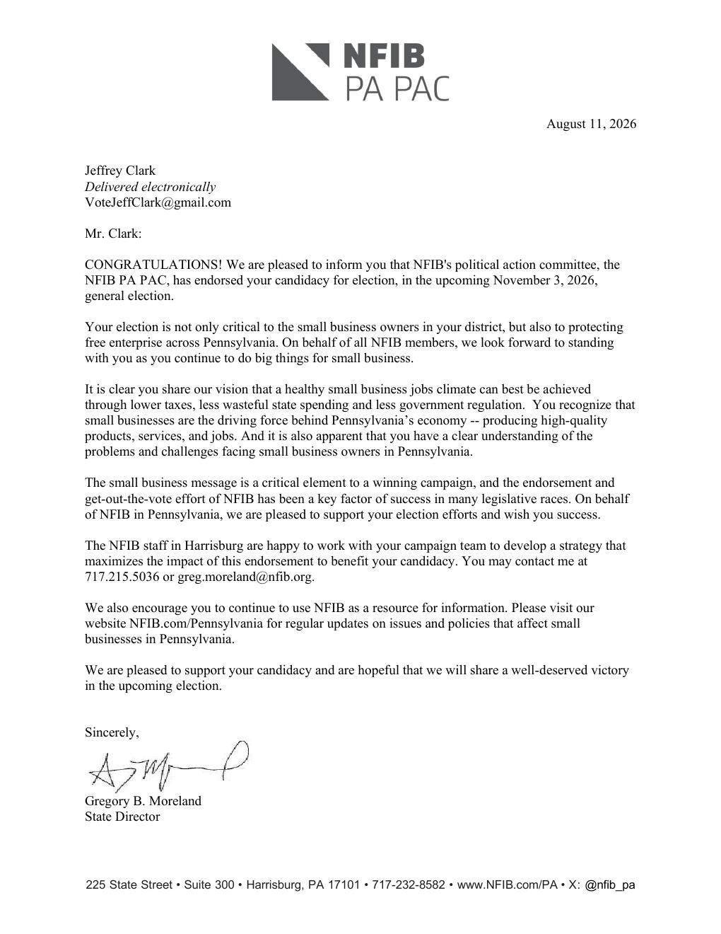NFIB PA PAC endorsement letter for Jeff Clark